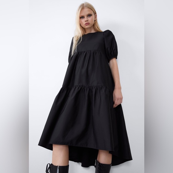 Zara Dresses & Skirts - Zara women’s Elegant poplin tiered midi Black Puff Sleeve Dress small